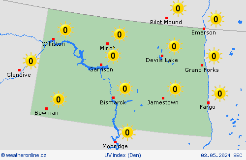 uv index Severní Dakota Severní Amerika Předpovědní mapy