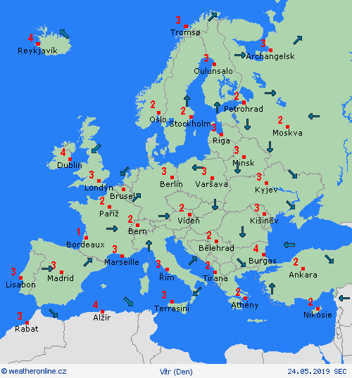 vítr  Evropa Předpovědní mapy