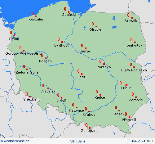 vítr Polsko Evropa Předpovědní mapy